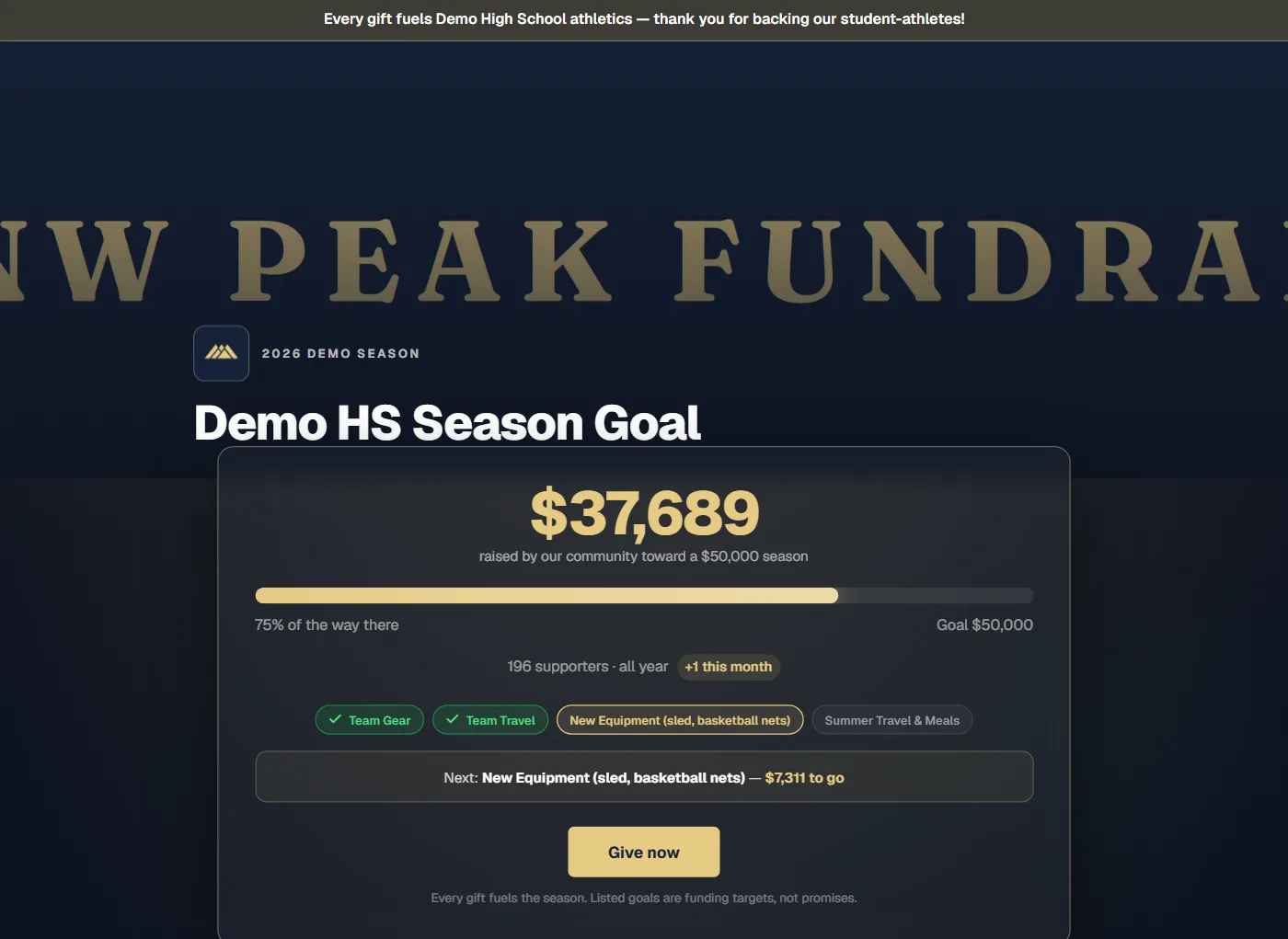 A live Giving program page: season goal progress, milestone chips, and the team's story